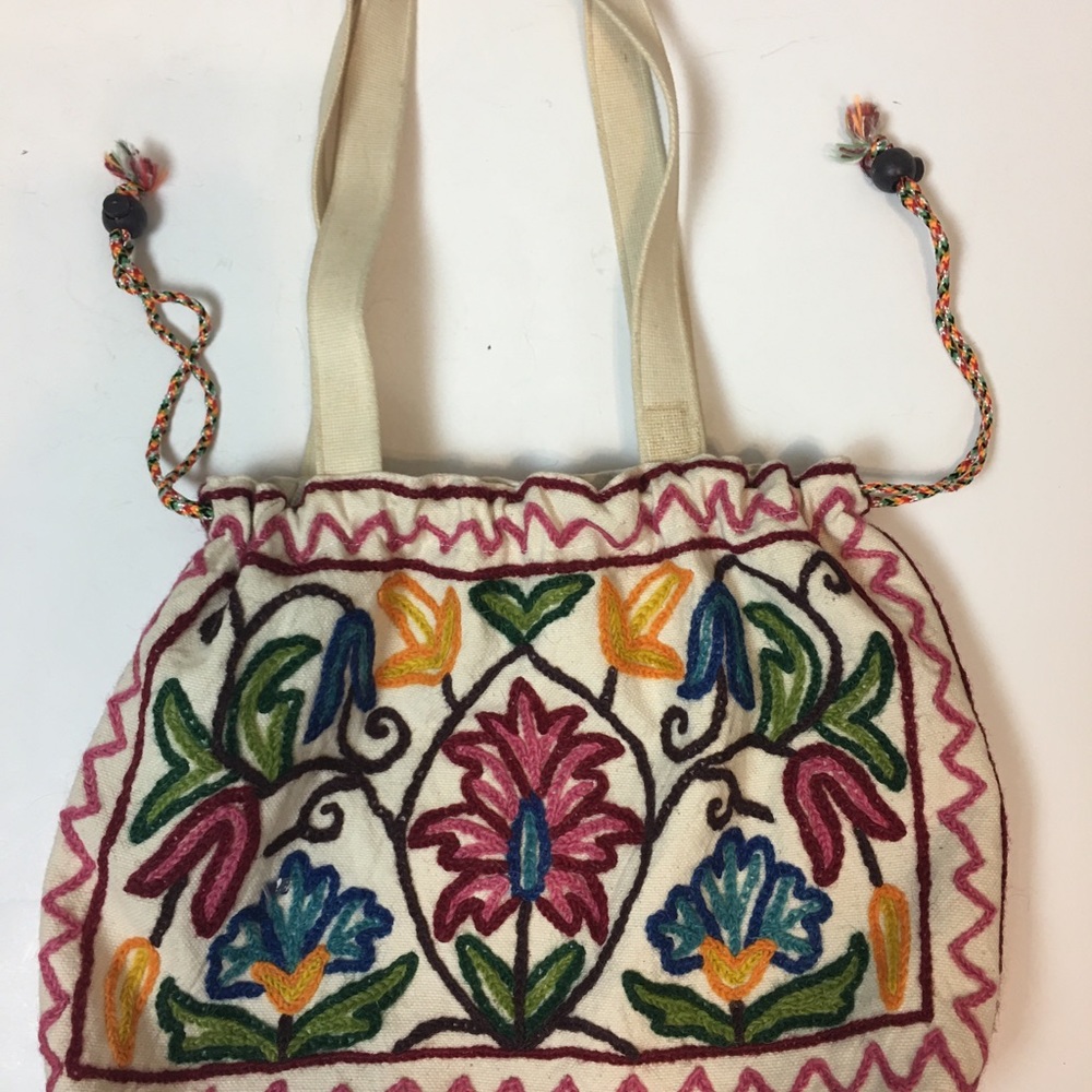 Vintage Medium Sized Hand-Embroidered Floral Drawstring Shoulder Bag